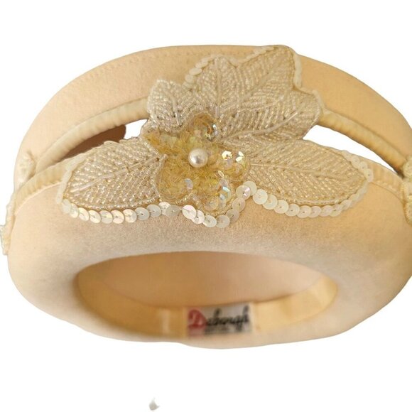 Deborah NY 70s White Wool Crown Hat Embellish Beaded Sequined Applique Womens OS